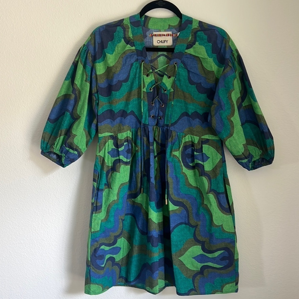 Chufy Liberty Organic Cotton Blue/Green Dress Size Small - Picture 3 of 9